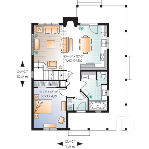 Rez-de-chaussée - Plan de maison champêtre, 3 chambres, balcon couvert sur 3 faces, foyer, mezzanine, parents au premier - La Bastide