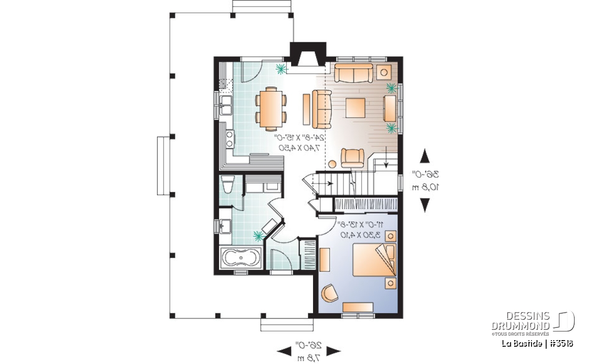 Rez-de-chaussée - Plan de maison champêtre, 3 chambres, balcon couvert sur 3 faces, foyer, mezzanine, parents au premier - La Bastide