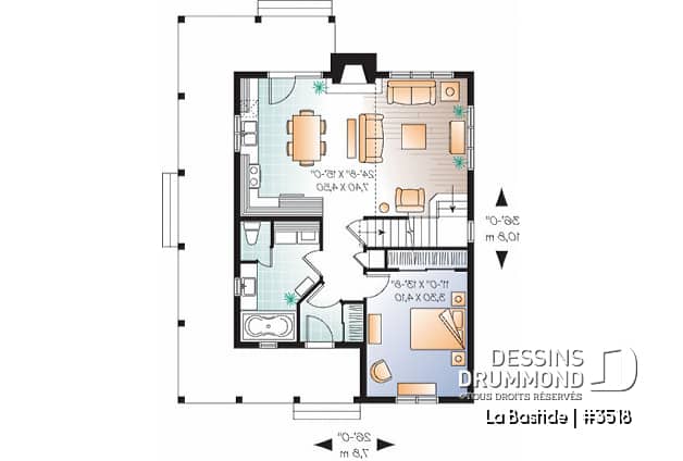 Rez-de-chaussée - Plan de maison champêtre, 3 chambres, balcon couvert sur 3 faces, foyer, mezzanine, parents au premier - La Bastide