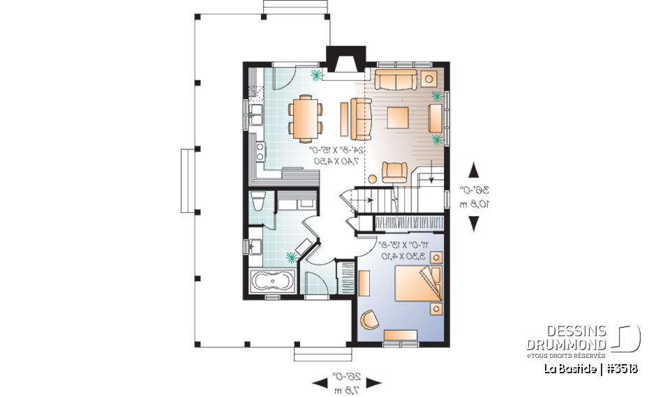 Rez-de-chaussée - Plan de maison champêtre, 3 chambres, balcon couvert sur 3 faces, foyer, mezzanine, parents au premier - La Bastide
