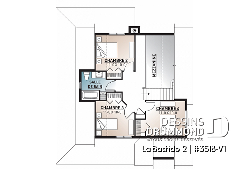 Étage - Plan de maison style fermette, 4 chambres, 2 salles de bain, superbe secteur cuisine et salon avec foyer - La Bastide 2