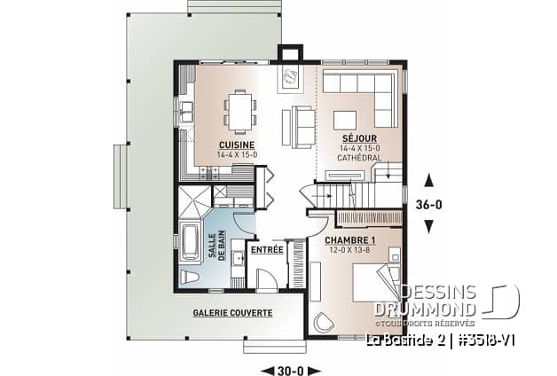 Rez-de-chaussée - Plan de maison style fermette, 4 chambres, 2 salles de bain, superbe secteur cuisine et salon avec foyer - La Bastide 2