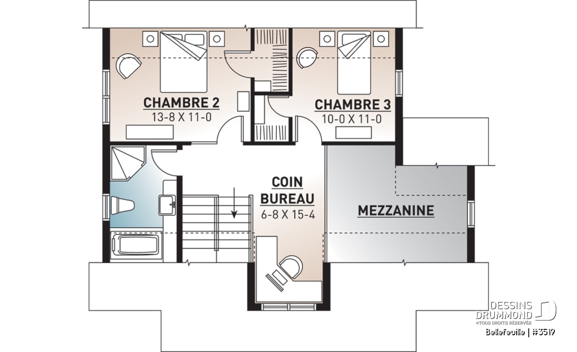 Étage - Plan de maison farmhouse champêtre, mezzanine, 3 chambres, coin ordinateur, belle entrée - Bellefeuille