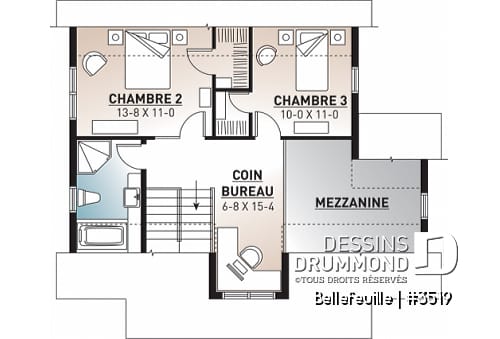 Étage - Plan de maison farmhouse champêtre, mezzanine, 3 chambres, coin ordinateur, belle entrée - Bellefeuille