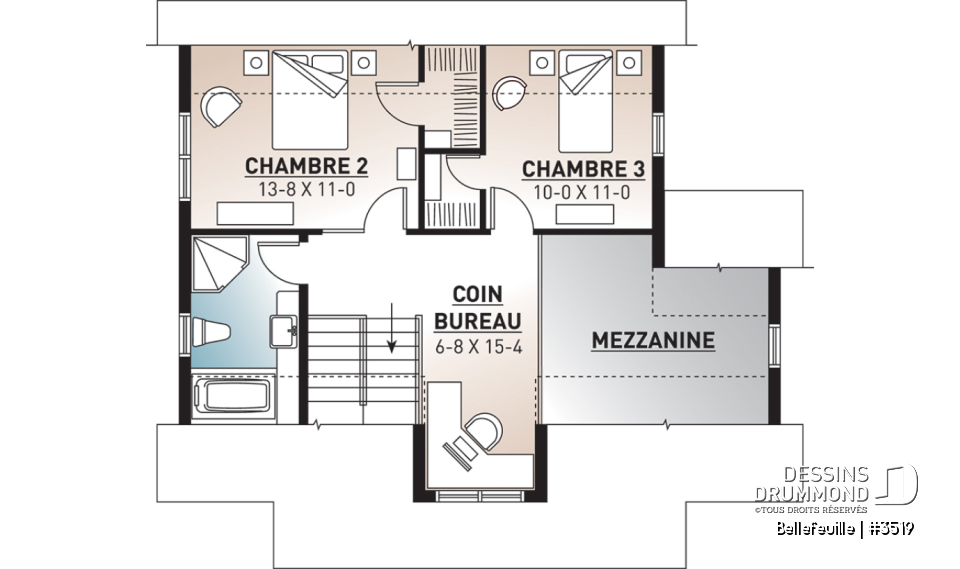 Étage - Plan de maison farmhouse champêtre, mezzanine, 3 chambres, coin ordinateur, belle entrée - Bellefeuille