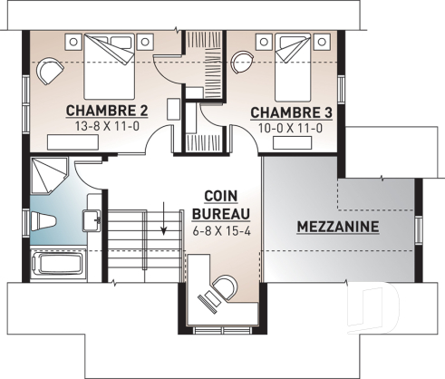 Étage - Plan de maison farmhouse champêtre, mezzanine, 3 chambres, coin ordinateur, belle entrée - Bellefeuille