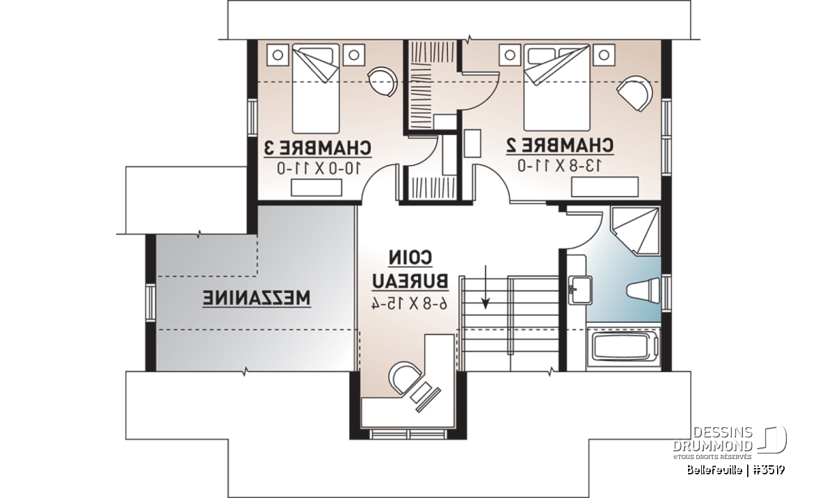 Étage - Plan de maison farmhouse champêtre, mezzanine, 3 chambres, coin ordinateur, belle entrée - Bellefeuille