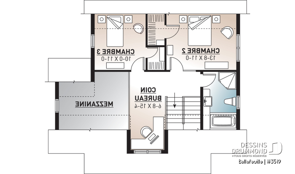 Étage - Plan de maison farmhouse champêtre, mezzanine, 3 chambres, coin ordinateur, belle entrée - Bellefeuille