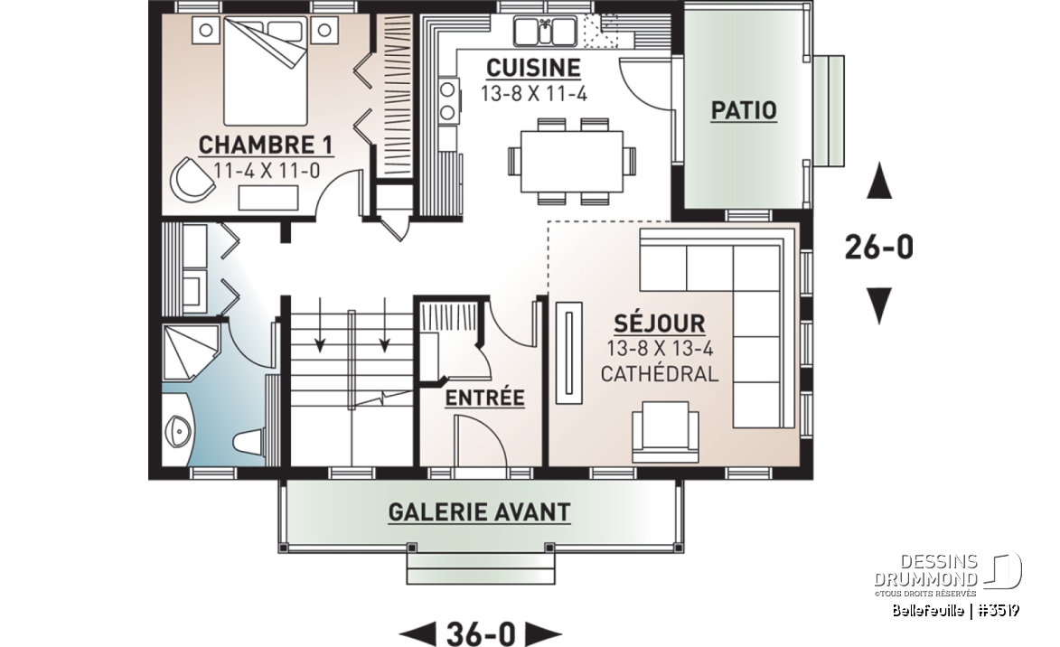 Rez-de-chaussée - Plan de maison farmhouse champêtre, mezzanine, 3 chambres, coin ordinateur, belle entrée - Bellefeuille