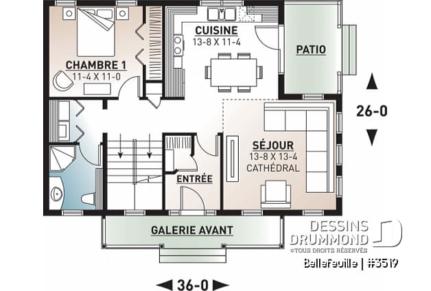 Rez-de-chaussée - Plan de maison farmhouse champêtre, mezzanine, 3 chambres, coin ordinateur, belle entrée - Bellefeuille