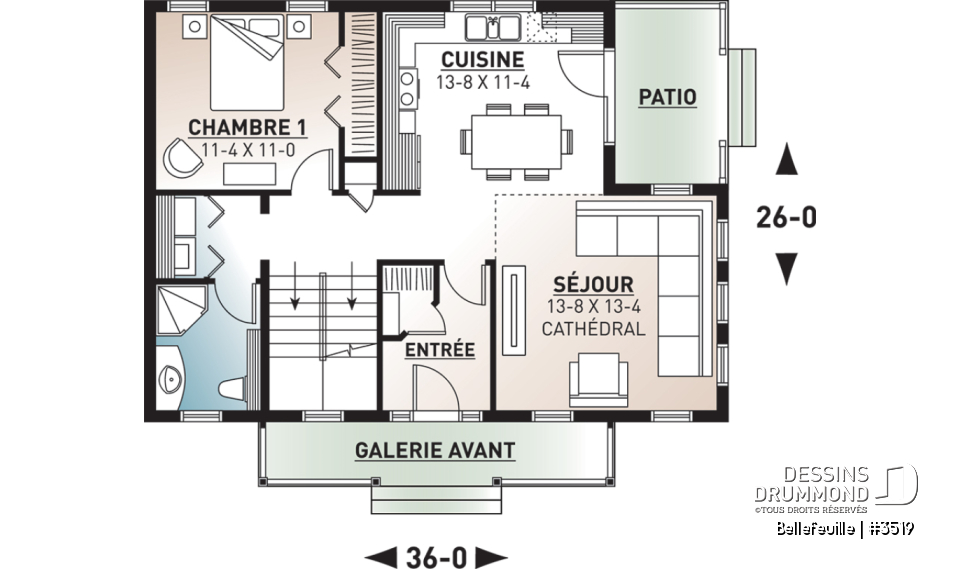 Rez-de-chaussée - Plan de maison farmhouse champêtre, mezzanine, 3 chambres, coin ordinateur, belle entrée - Bellefeuille