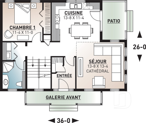 Rez-de-chaussée - Plan de maison farmhouse champêtre, mezzanine, 3 chambres, coin ordinateur, belle entrée - Bellefeuille