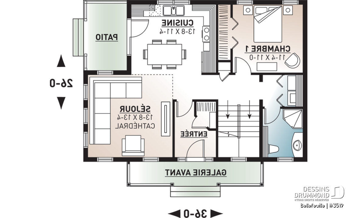 Rez-de-chaussée - Plan de maison farmhouse champêtre, mezzanine, 3 chambres, coin ordinateur, belle entrée - Bellefeuille