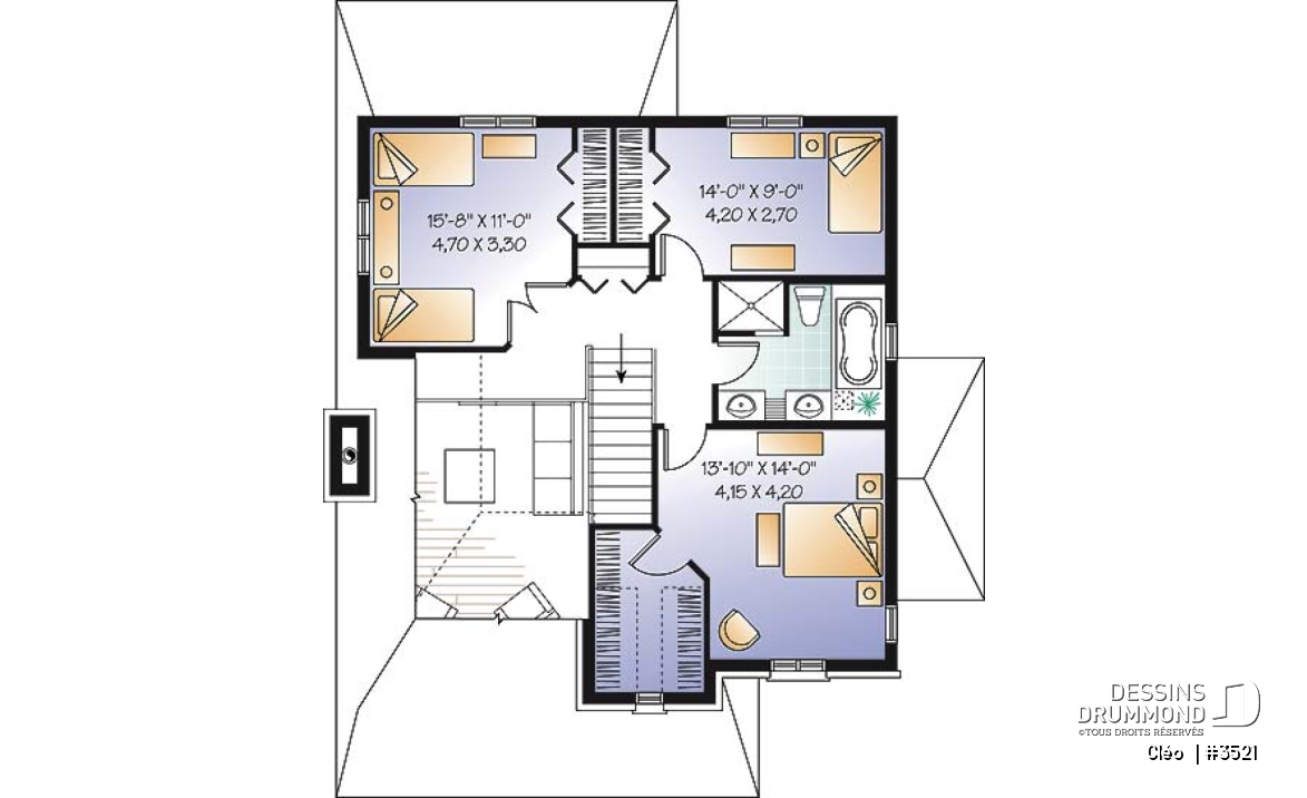Étage - Plan de maison avec mezzanine, style manoir, 3 chambres, bureau à domicile - Cléo 