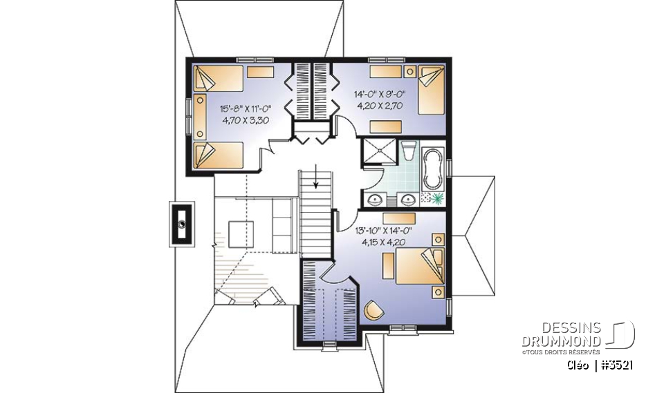 Étage - Plan de maison avec mezzanine, style manoir, 3 chambres, bureau à domicile - Cléo 