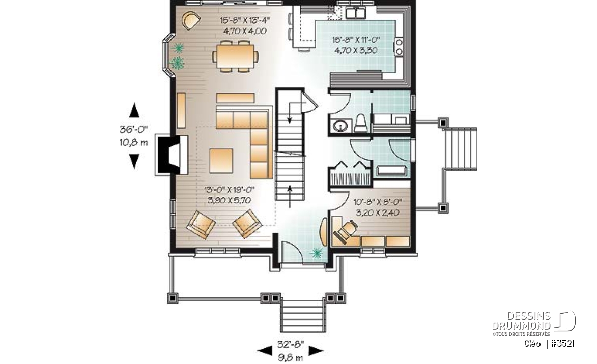 Rez-de-chaussée - Plan de maison avec mezzanine, style manoir, 3 chambres, bureau à domicile - Cléo 