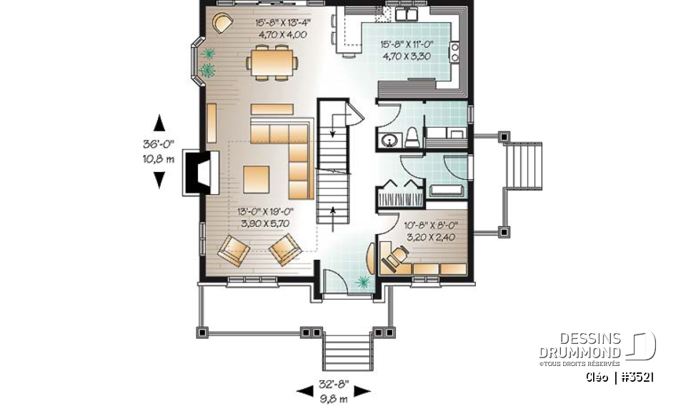 Rez-de-chaussée - Plan de maison avec mezzanine, style manoir, 3 chambres, bureau à domicile - Cléo 