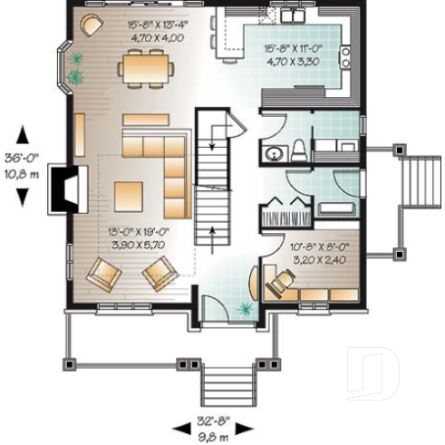 Rez-de-chaussée - Plan de maison avec mezzanine, style manoir, 3 chambres, bureau à domicile - Cléo 