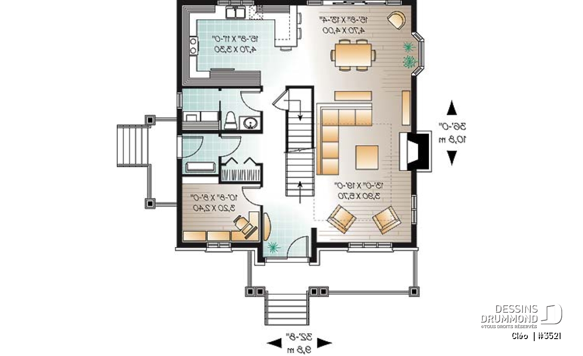 Rez-de-chaussée - Plan de maison avec mezzanine, style manoir, 3 chambres, bureau à domicile - Cléo 