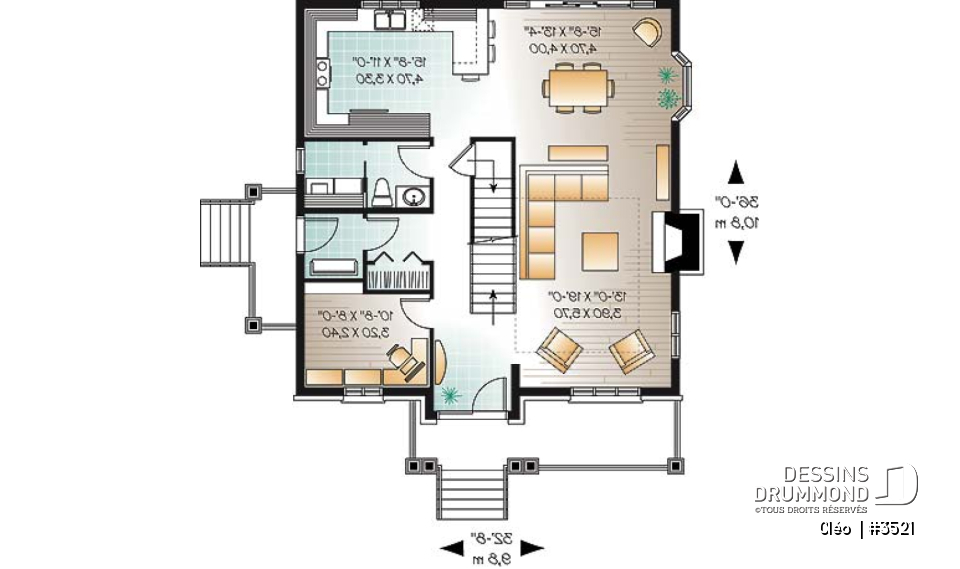 Rez-de-chaussée - Plan de maison avec mezzanine, style manoir, 3 chambres, bureau à domicile - Cléo 