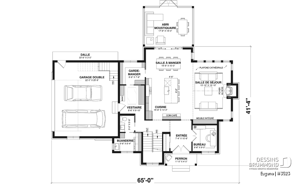 Rez-de-chaussée - Fondation sous-sol - Plan de maison Tudor d’inspiration anglaise avec garage double et jusqu’à 5 chambres - Eugene