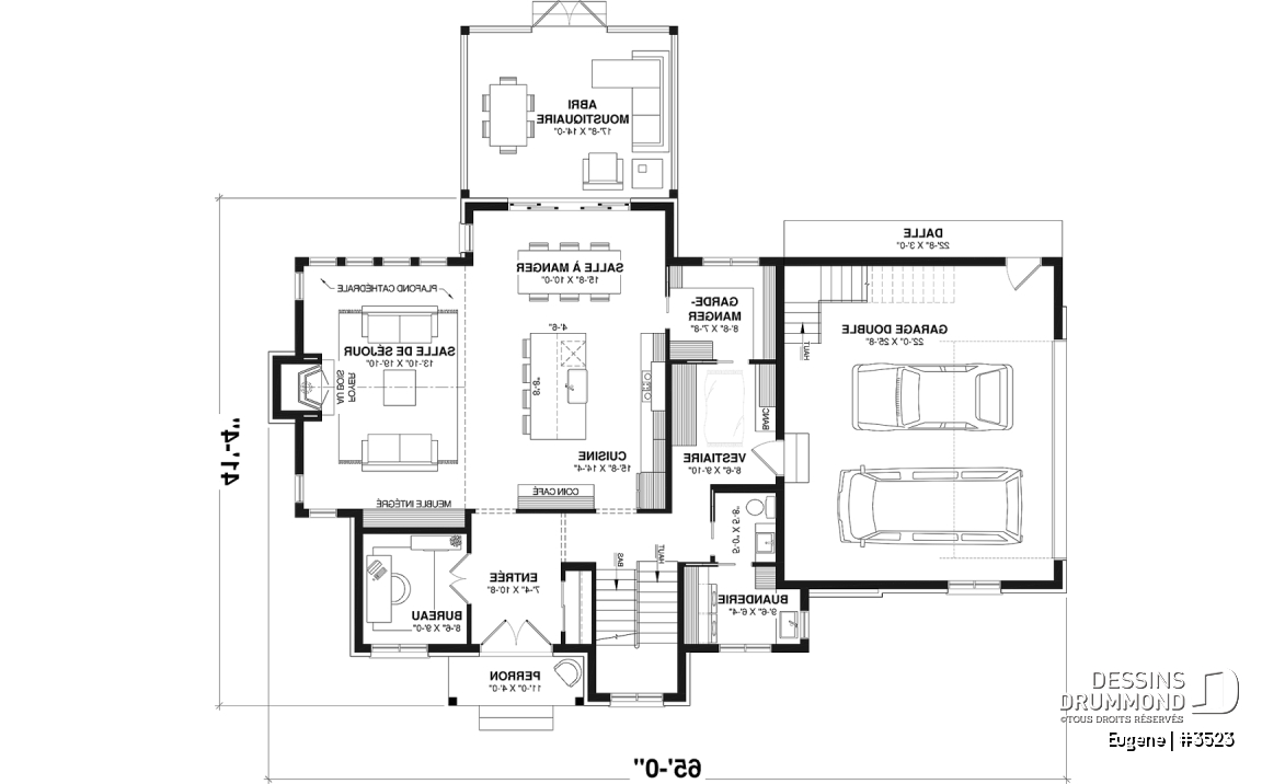 Rez-de-chaussée - Fondation sous-sol - Plan de maison Tudor d’inspiration anglaise avec garage double et jusqu’à 5 chambres - Eugene