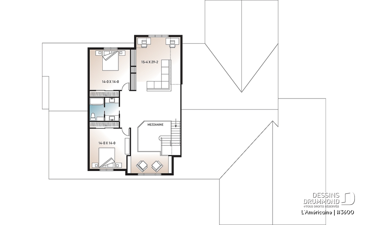 Étage - Plan de style bungalow avec 5 à 6 chambres, garage triple, solarium avec spa, plafond 9' sur tout le r-d-c  - L'Américaine