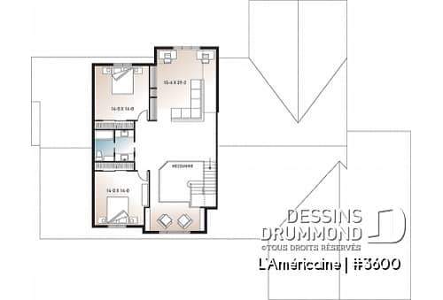 Étage - Plan de style bungalow avec 4 à 6 chambres, garage triple, solarium avec spa, plafond 9' sur tout le r-d-c  - L'Américaine