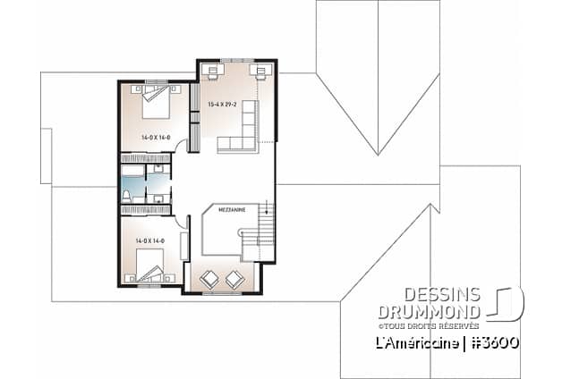 Étage - Plan de style bungalow avec 4 à 6 chambres, garage triple, solarium avec spa, plafond 9' sur tout le r-d-c  - L'Américaine