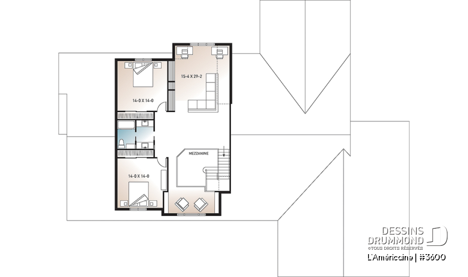 Étage - Plan de style bungalow avec 5 à 6 chambres, garage triple, solarium avec spa, plafond 9' sur tout le r-d-c  - L'Américaine