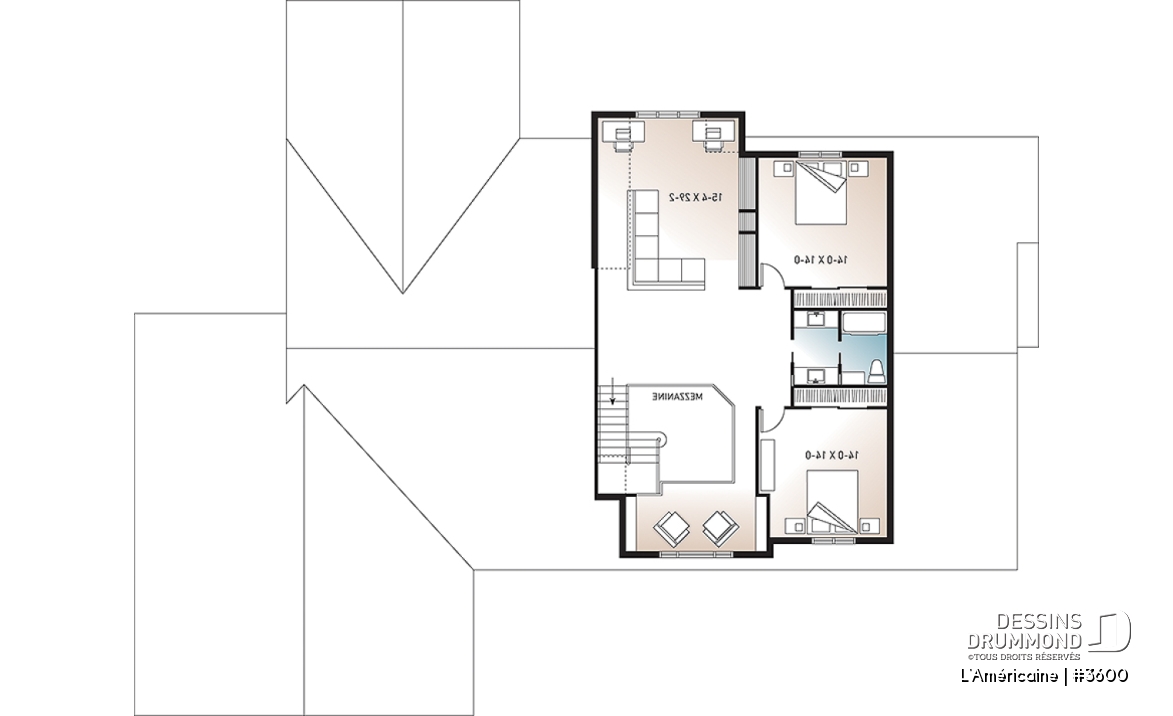 Étage - Plan de style bungalow avec 5 à 6 chambres, garage triple, solarium avec spa, plafond 9' sur tout le r-d-c  - L'Américaine