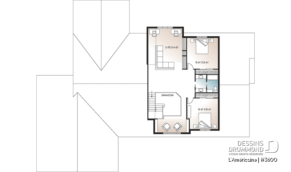 Étage - Plan de style bungalow avec 5 à 6 chambres, garage triple, solarium avec spa, plafond 9' sur tout le r-d-c  - L'Américaine