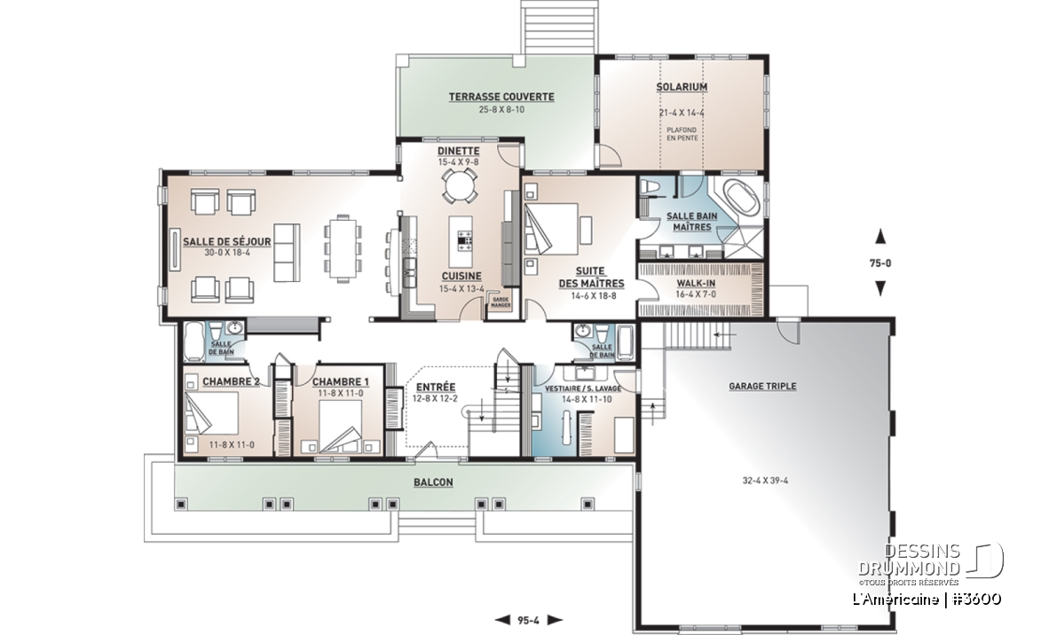 Rez-de-chaussée - Plan de style bungalow avec 5 à 6 chambres, garage triple, solarium avec spa, plafond 9' sur tout le r-d-c  - L'Américaine