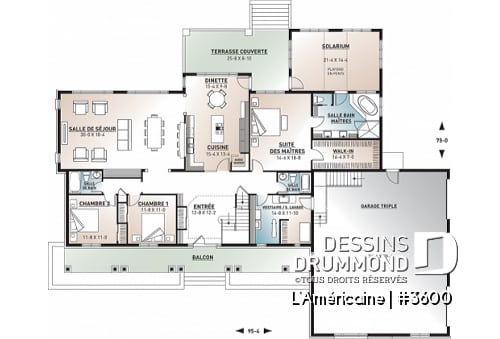 Rez-de-chaussée - Plan de style bungalow avec 4 à 6 chambres, garage triple, solarium avec spa, plafond 9' sur tout le r-d-c  - L'Américaine