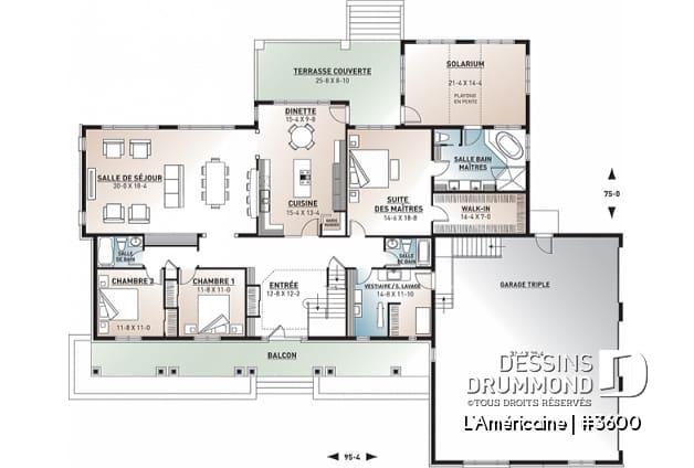 Rez-de-chaussée - Plan de style bungalow avec 5 à 6 chambres, garage triple, solarium avec spa, plafond 9' sur tout le r-d-c  - L'Américaine