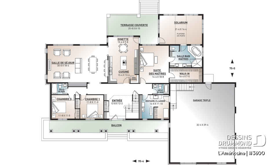 Rez-de-chaussée - Plan de style bungalow avec 5 à 6 chambres, garage triple, solarium avec spa, plafond 9' sur tout le r-d-c  - L'Américaine