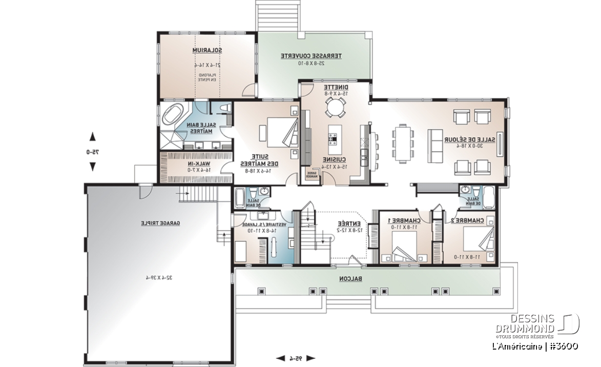 Rez-de-chaussée - Plan de style bungalow avec 5 à 6 chambres, garage triple, solarium avec spa, plafond 9' sur tout le r-d-c  - L'Américaine