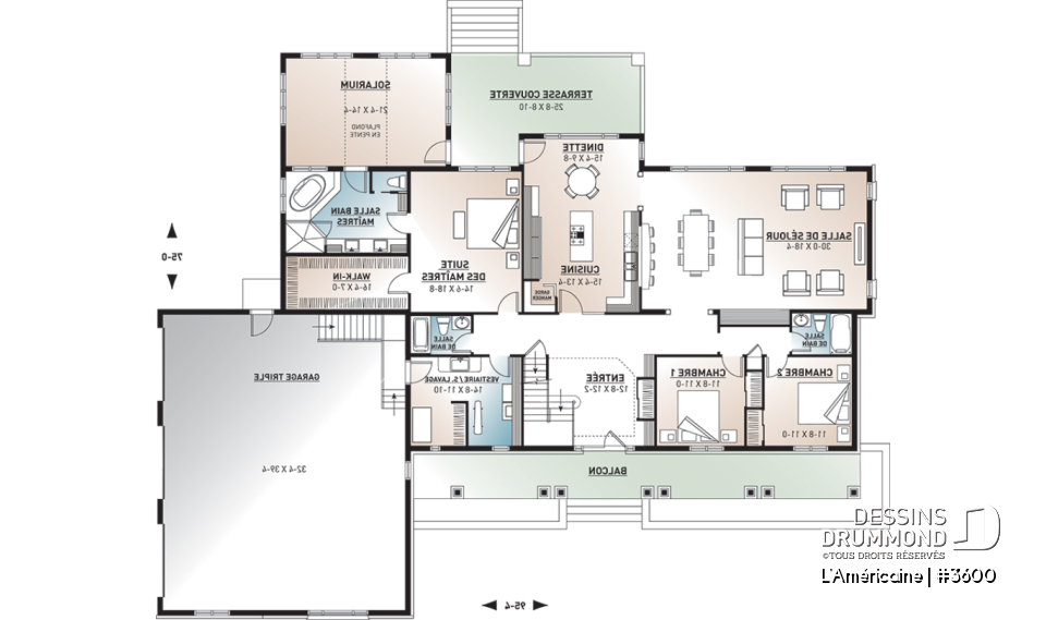 Rez-de-chaussée - Plan de style bungalow avec 5 à 6 chambres, garage triple, solarium avec spa, plafond 9' sur tout le r-d-c  - L'Américaine