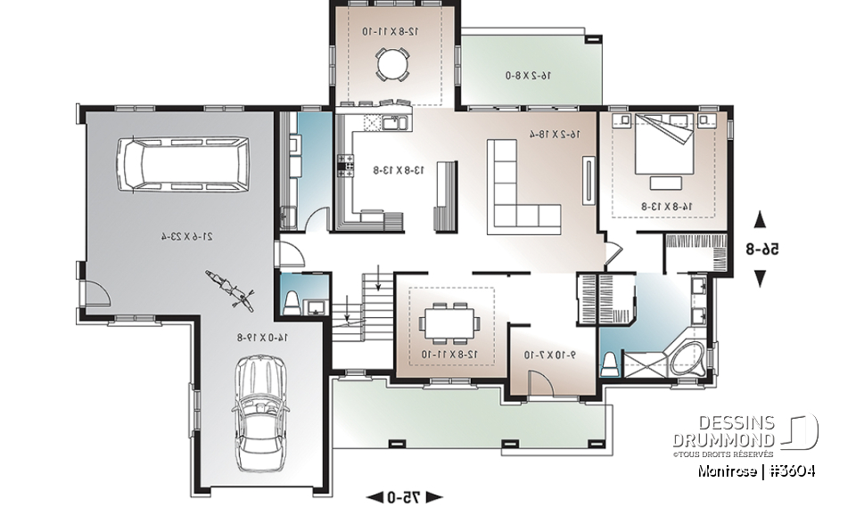 Rez-de-chaussée - Plan de maison américaine 4 chambres, garage triple, salle à manger formel, coin déjeuner, grand salon - Montrose