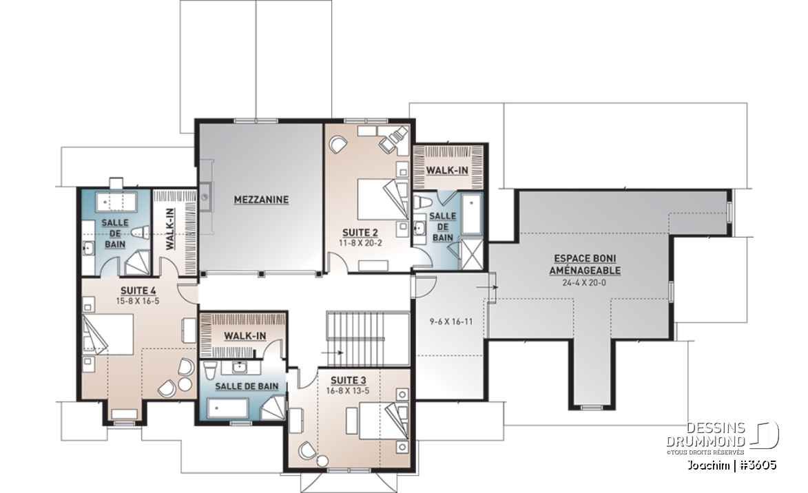 Étage - Plan maison 4 chambres, 4.5 salles de bain, bureau, espace boni, bureau, grande buanderie, garage triple - Joachim