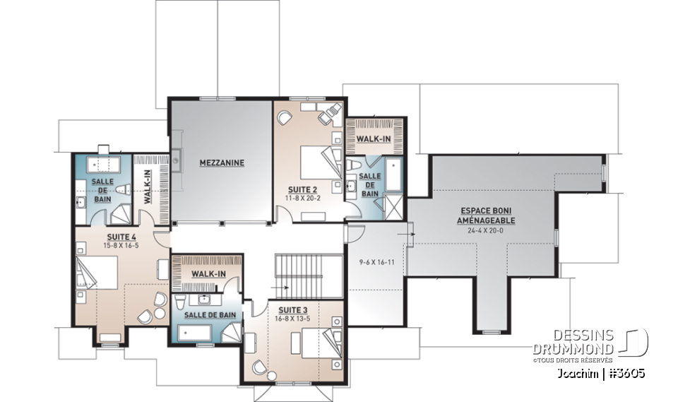 Étage - Plan maison 4 chambres, 4.5 salles de bain, bureau, espace boni, bureau, grande buanderie, garage triple - Joachim