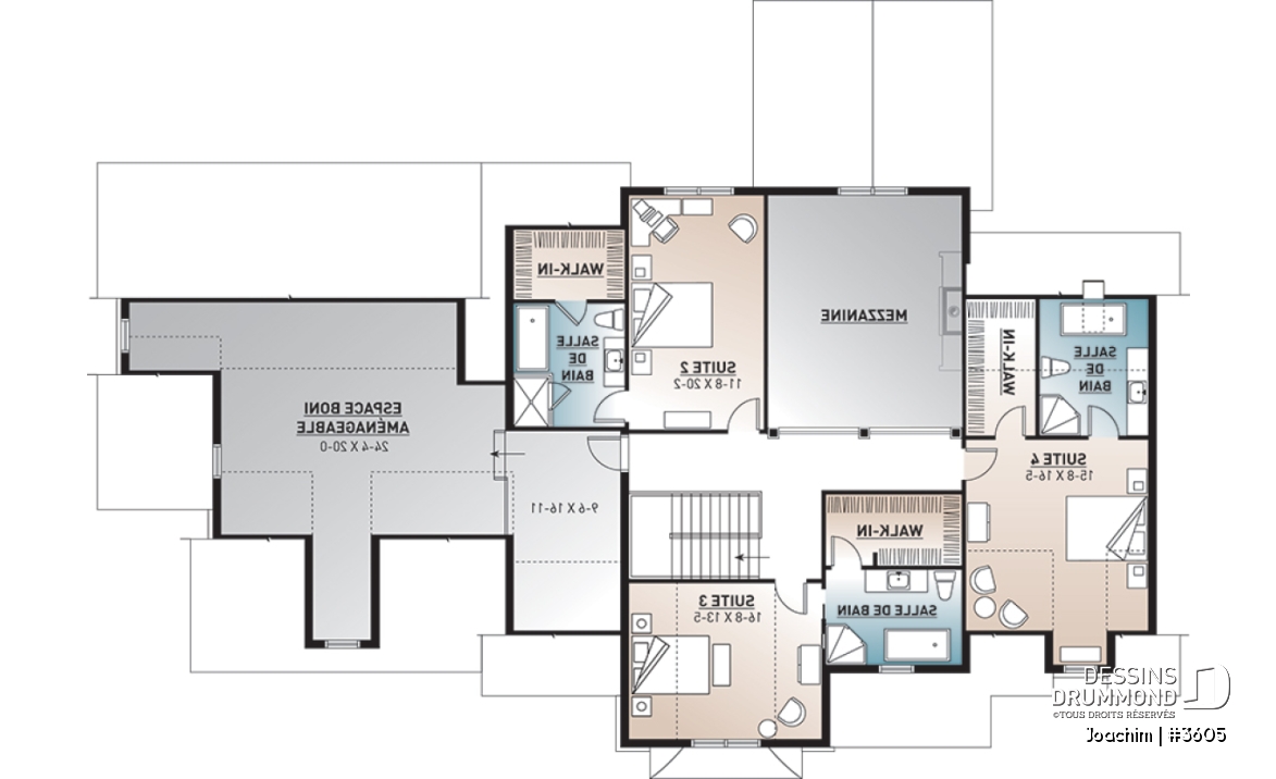 Étage - Plan maison 4 chambres, 4.5 salles de bain, bureau, espace boni, bureau, grande buanderie, garage triple - Joachim