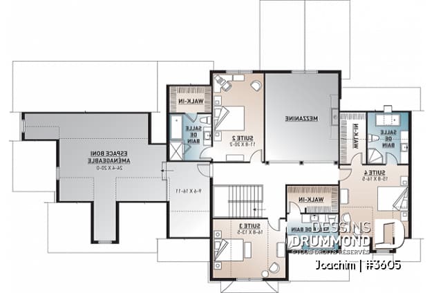 Étage - Plan maison 4 chambres, 4.5 salles de bain, bureau, espace boni, bureau, grande buanderie, garage triple - Joachim