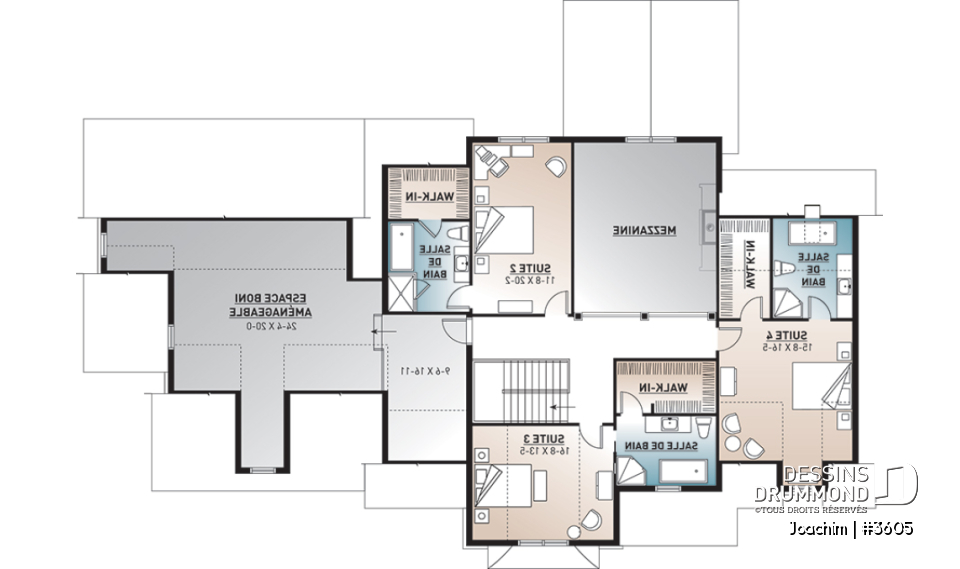 Étage - Plan maison 4 chambres, 4.5 salles de bain, bureau, espace boni, bureau, grande buanderie, garage triple - Joachim