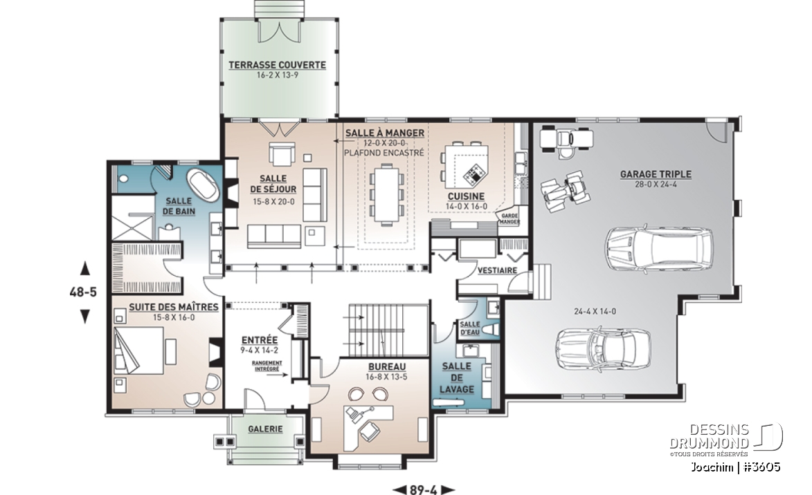 Rez-de-chaussée - Plan maison 4 chambres, 4.5 salles de bain, bureau, espace boni, bureau, grande buanderie, garage triple - Joachim