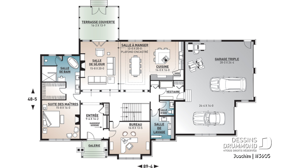 Rez-de-chaussée - Plan maison 4 chambres, 4.5 salles de bain, bureau, espace boni, bureau, grande buanderie, garage triple - Joachim