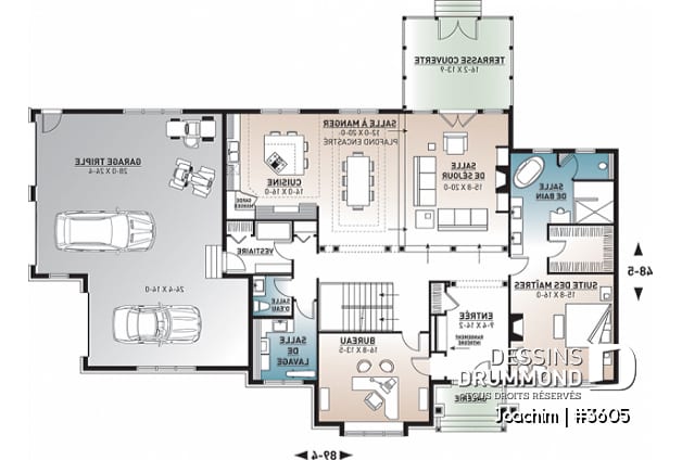Rez-de-chaussée - Plan maison 4 chambres, 4.5 salles de bain, bureau, espace boni, bureau, grande buanderie, garage triple - Joachim