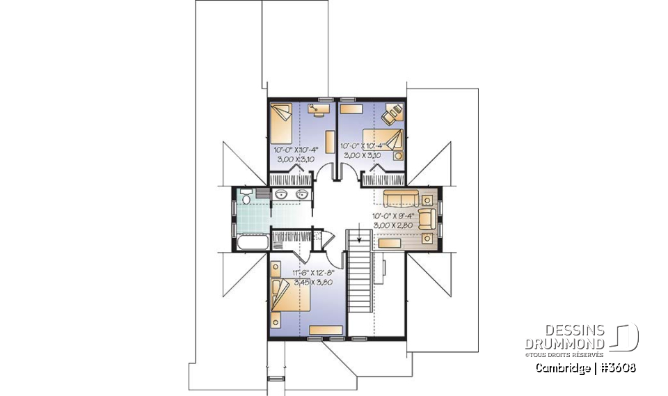 Étage - Plan de Maison 4-5 chambres, garage deux voitures, grande terrasse couverte à l'arrière, chambre parents r-d-c - Cambridge