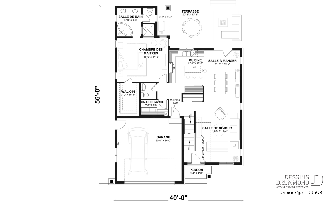 Rez-de-chaussée - Plan de Maison 4-5 chambres, style barndominium, suite principale au rdc, garage double - Cambridge