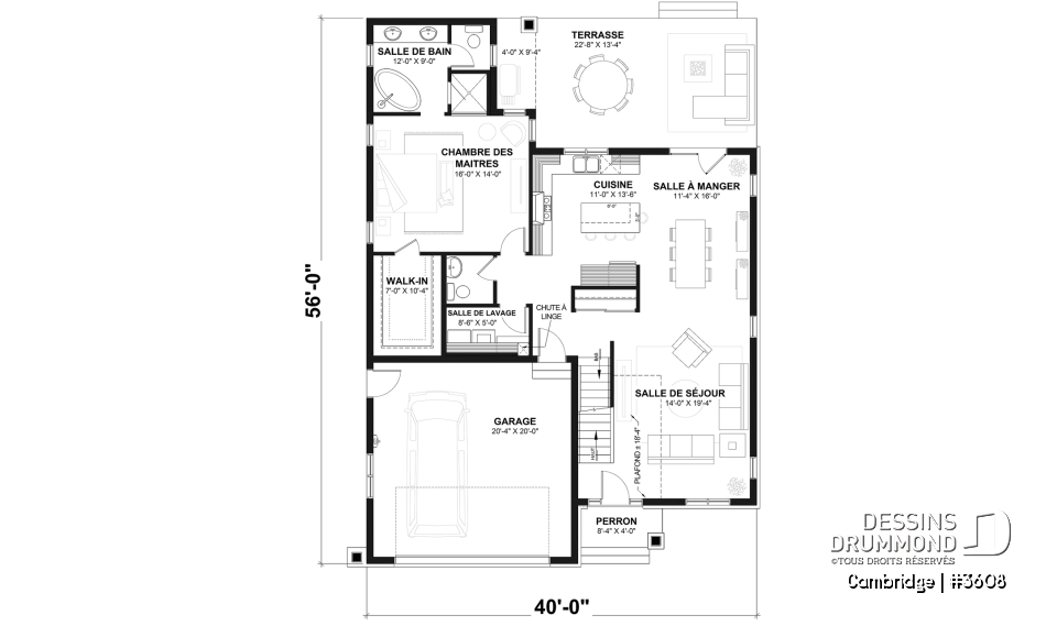 Rez-de-chaussée - Plan de Maison 4-5 chambres, style barndominium, suite principale au rdc, garage double - Cambridge